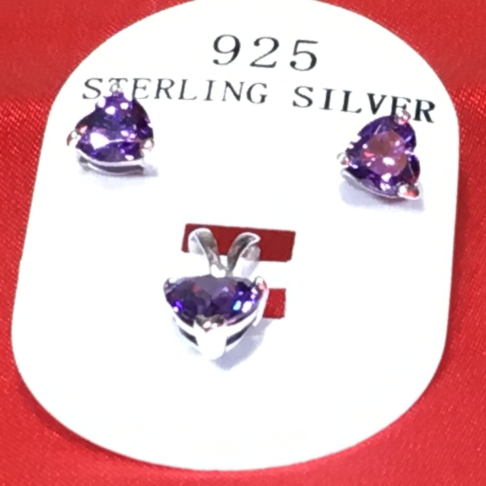 Sterling Silver Amethyst CZ Heart Earrings Pendant
